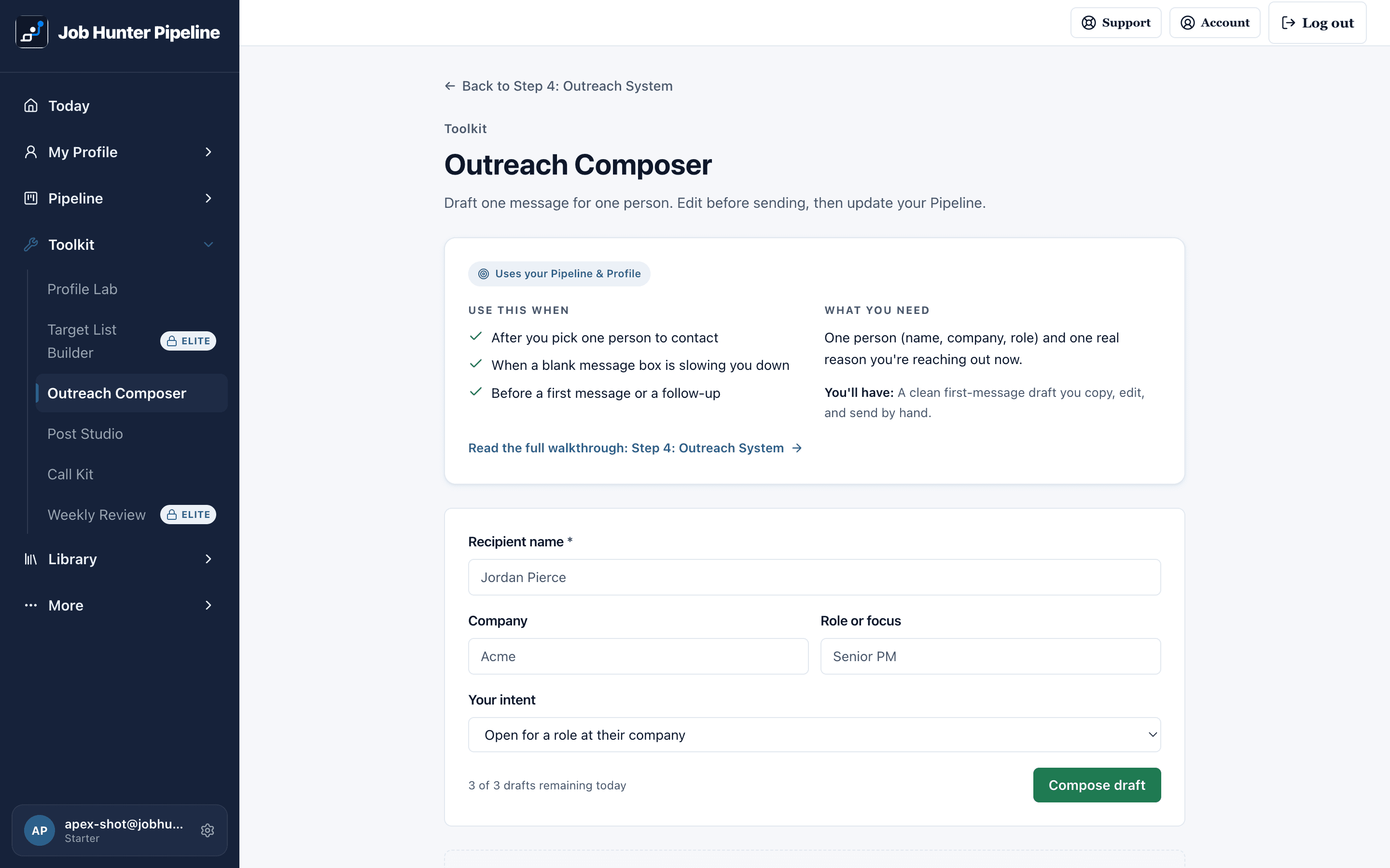 Outreach Composer: draft a message you personalize before sending, inside the member area